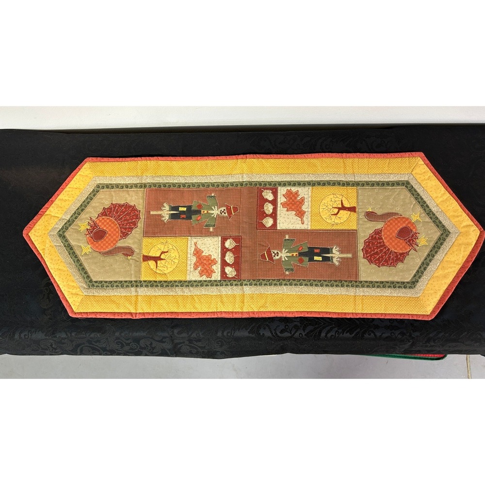 Handmade Quilted Autumn Table Runner Turkey Scarecrow Harvest Fall Decor 36x13"